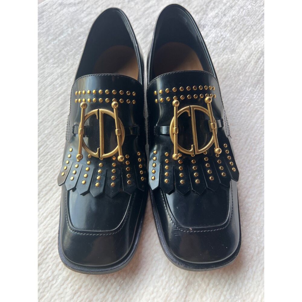 Dior Black Patent Leather Fringe Loafers with Gold Stud & Logo Hardware